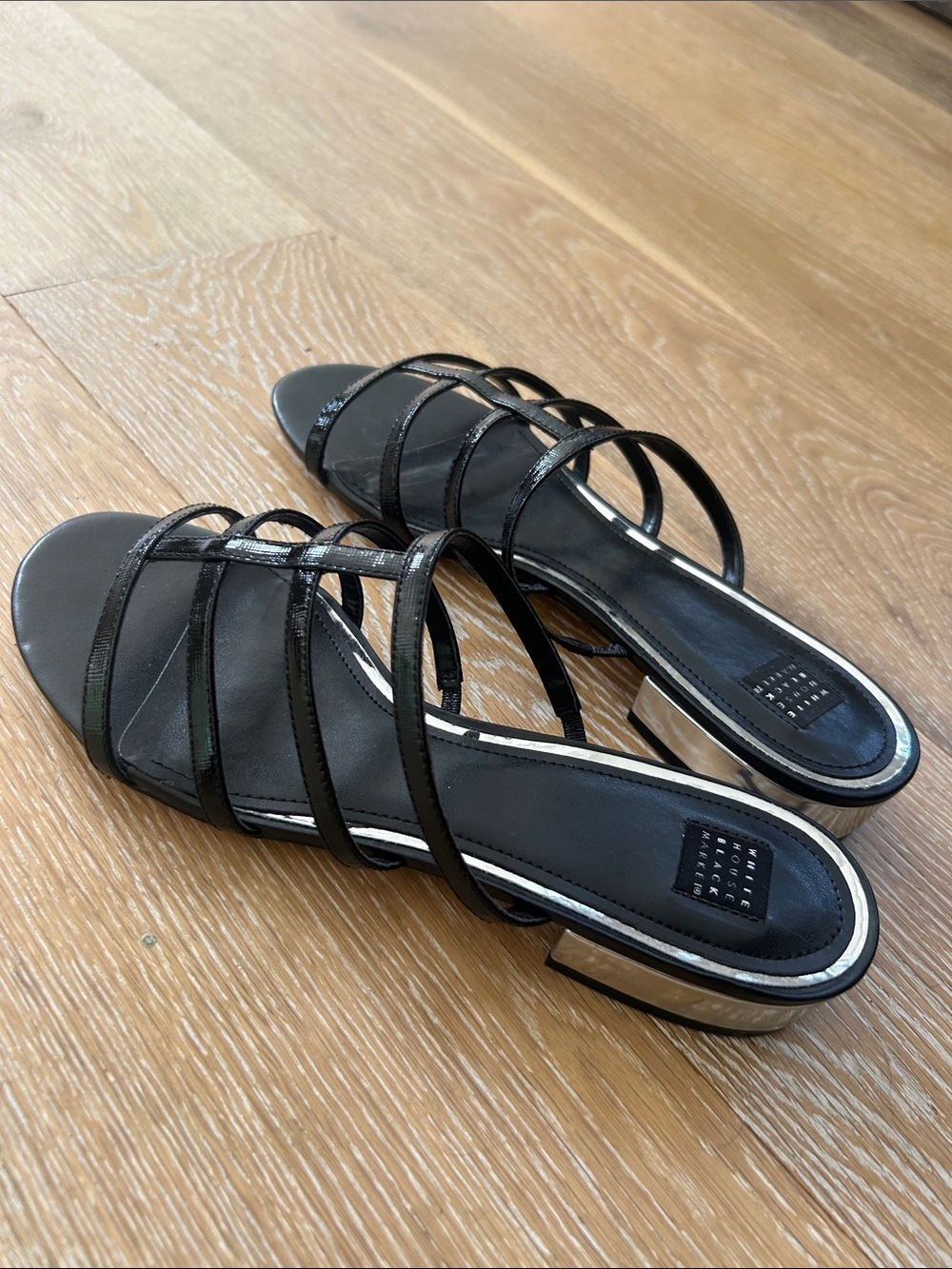 NWOT White House Black Market Black Strappy Sandals Silver Heel Size 10